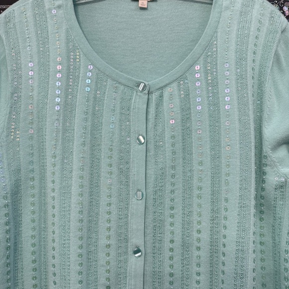 Talbots Mint Green Sequin Cardigan Sweater Women’s XL Cotton Long Sleeve - Picture 3 of 6